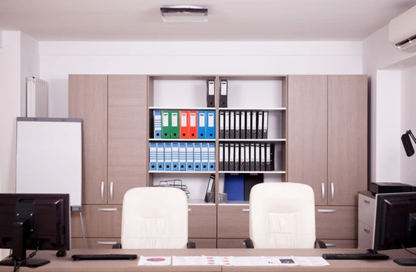 Organized shelving unit, representing a clutter-free and harmonious feng shui workspace Organized shelving unit, representing a clutter-free and harmonious feng shui workspace