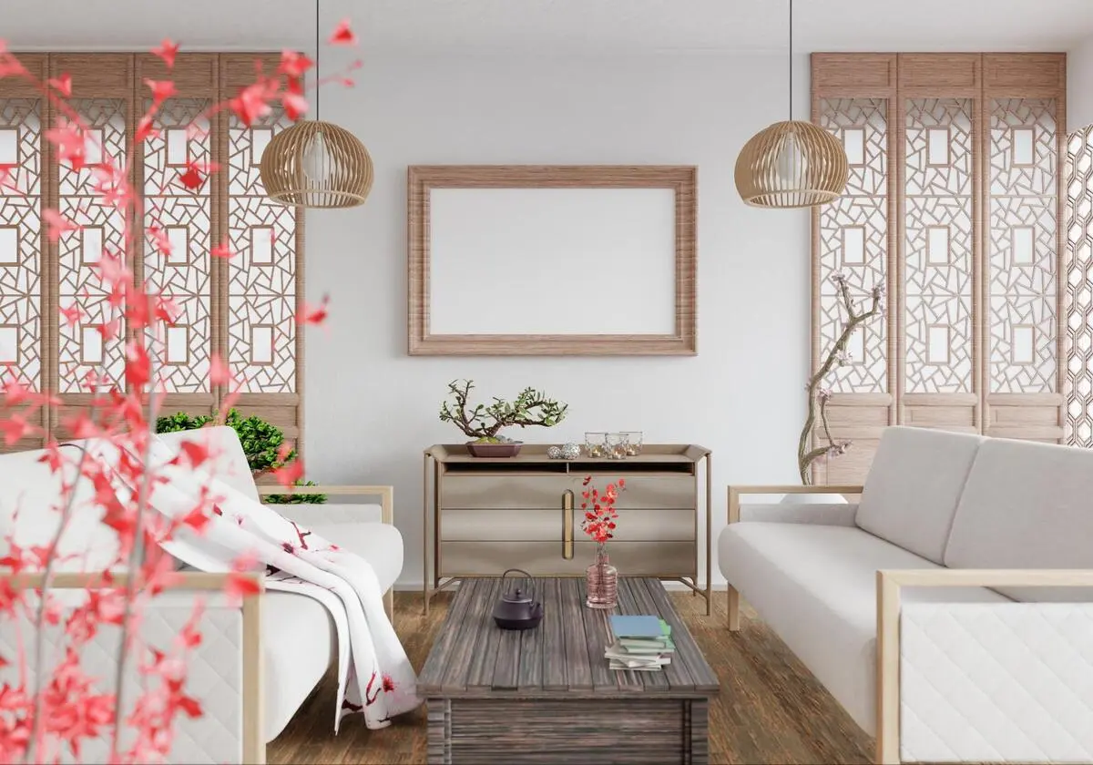 Balanced Furniture Layout for Prosperity A balanced Feng Shui furniture layout featuring wooden partitions, circular light fixtures, and neutral tones to enhance prosperity.