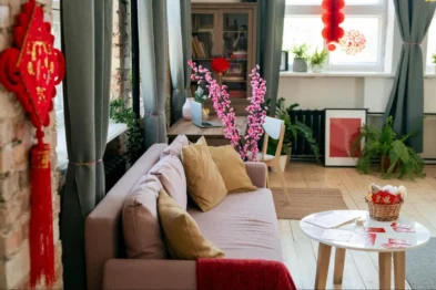 A cozy living room with a sofa placed in the command position against a solid wall, featuring red Feng Shui decorations for prosperity.