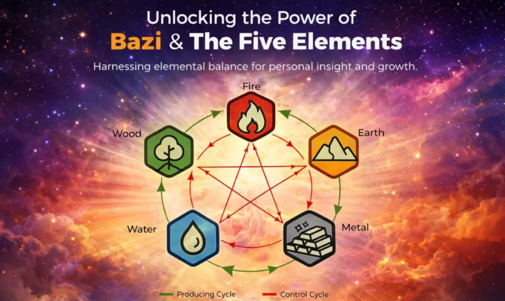 Infographic showing the five elements of Bazi, including Fire, Earth, Metal, Water, and Wood; connected by producing and control cycle arrows against a cosmic background