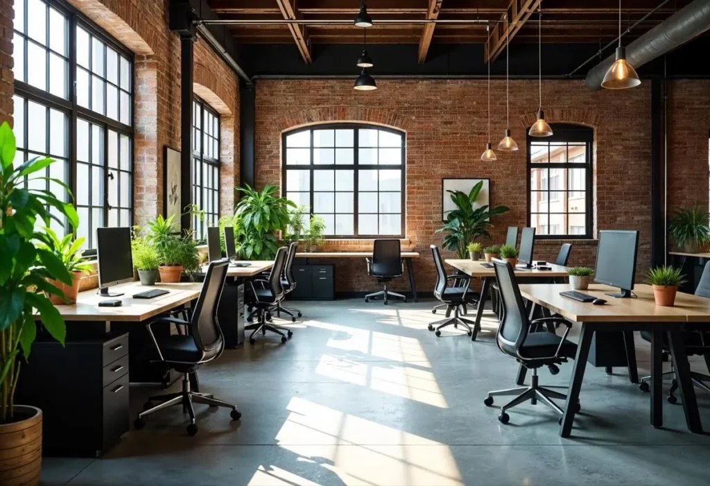 Open-plan industrial office with exposed brick walls, large windows, and green plants on workstations arranged to support natural light and energy flow