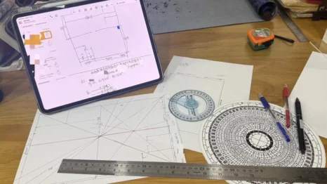 echnical home layout analysis and floor plan sectoring on a digital tablet alongside a traditional circular Luo Pan magnetic compass, geometric protractor, and architectural scale ruler by a professional feng shui Singapore specialist to calculate cosmic flying stars for an urban flat.