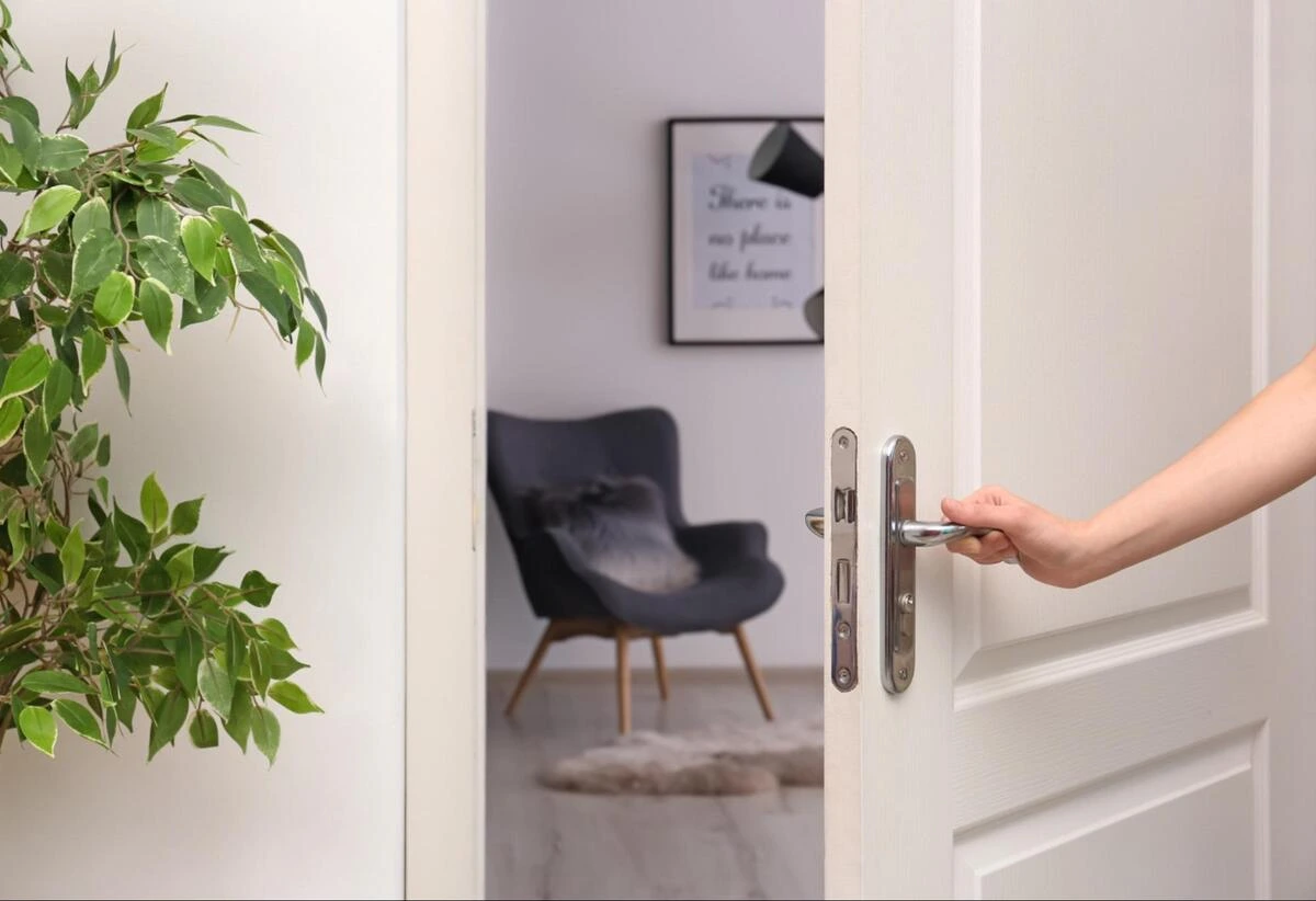 Main Door Entrance Position Hand opening a white main door into a home entrance with a plant beside it