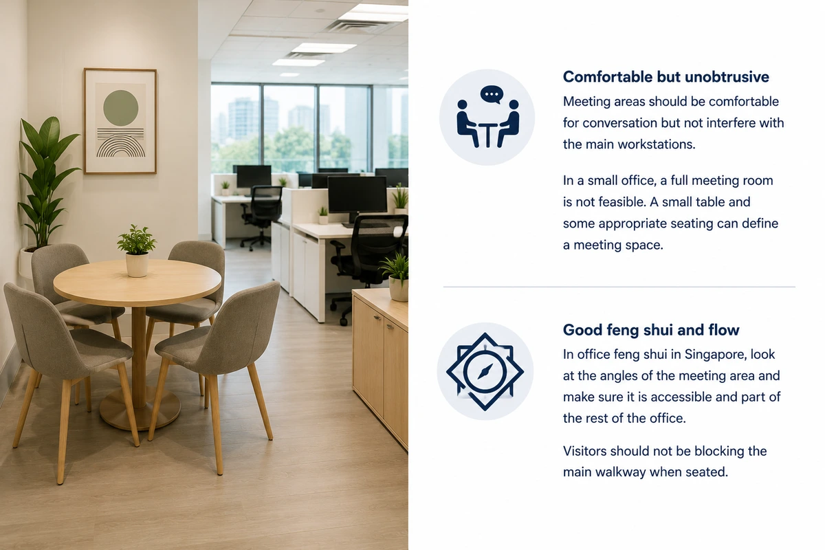Small Office Meeting Area Beside Workstations Round meeting table with four chairs beside an open-plan workspace, with text on keeping meeting areas clear of workstations
