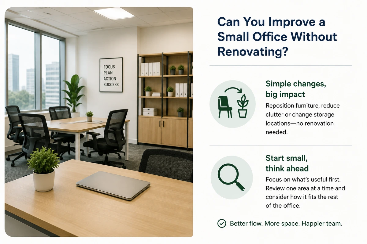 Improving a Small Office Without Renovation Office desk with a laptop and plant beside a meeting table and shelving, with tips on improving a small office without renovating
