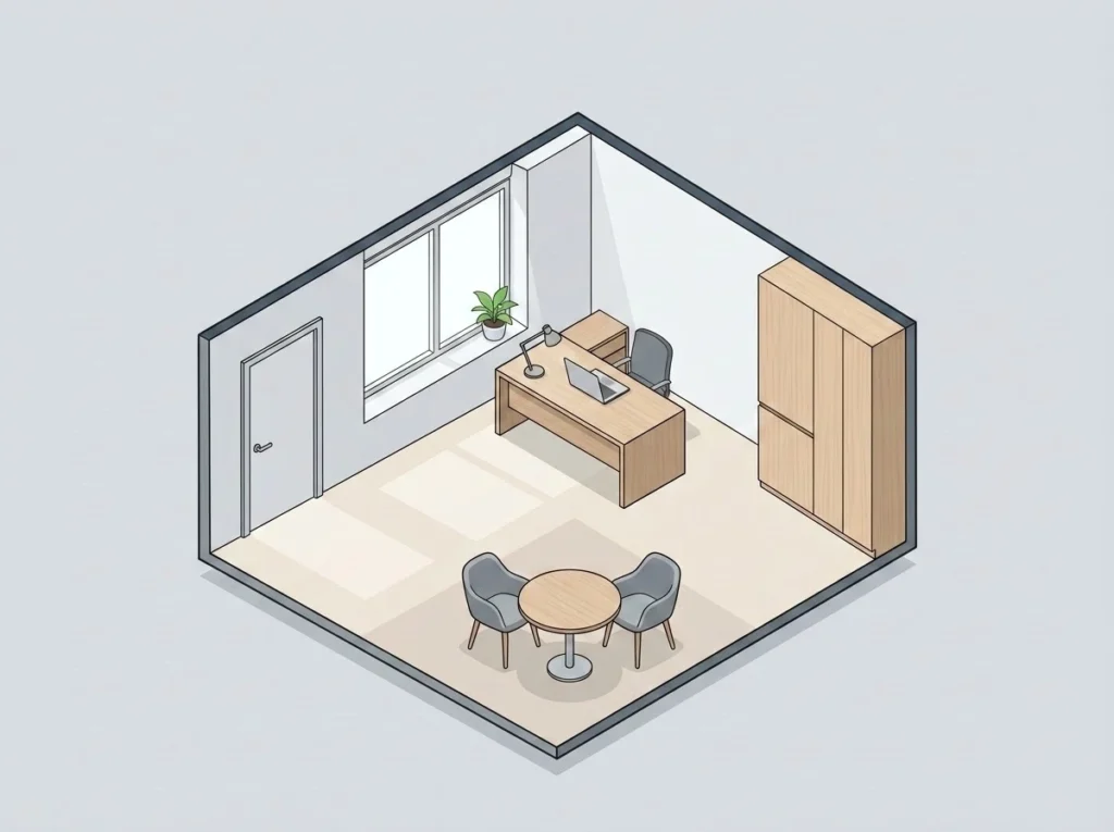 Small Office Layout With Desk and Meeting Table An illustration of a small office with a desk facing the door, a window, a tall cabinet and a round meeting table